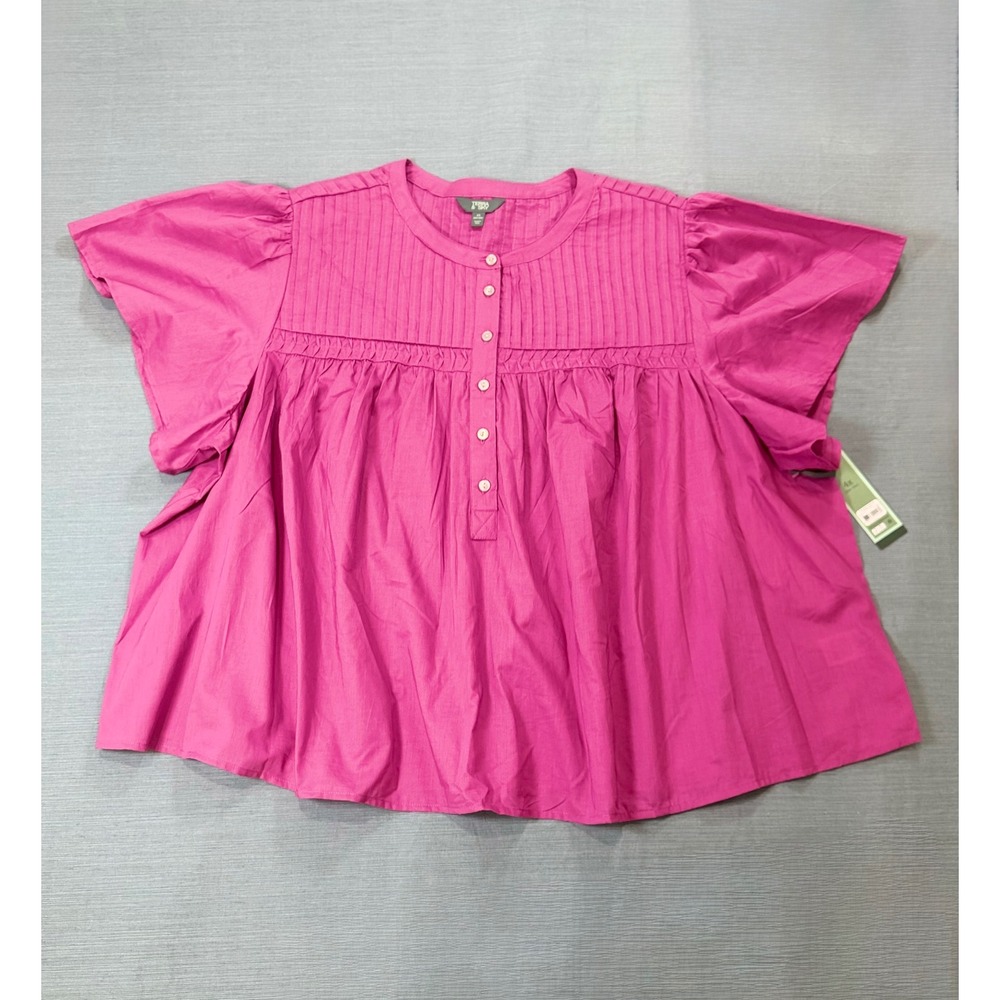 Terra & Sky Womens 4X Meadow Mauve Pink Smock Yoke Cotton Flutter Sleeve Top NEW
